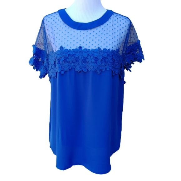 Angela Plus Blue Blouse Illusion Neckline Lace Polka-Dots NWT - Picture 2 of 9